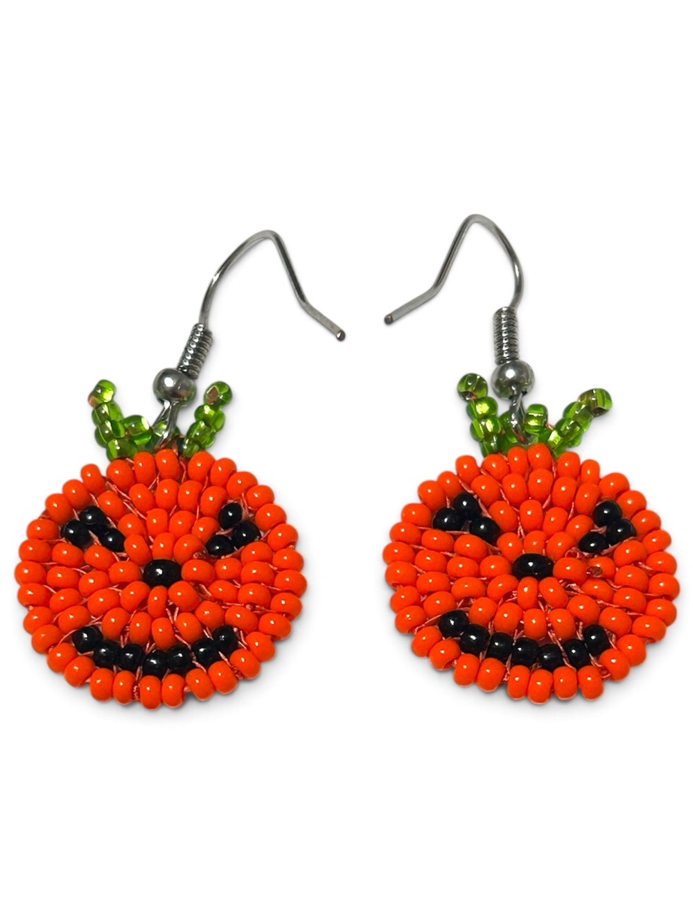 Handmade Miyuki Delica Pumpkin Jack‑O’-Lantern Glass Seed Beaded Earrings NWT